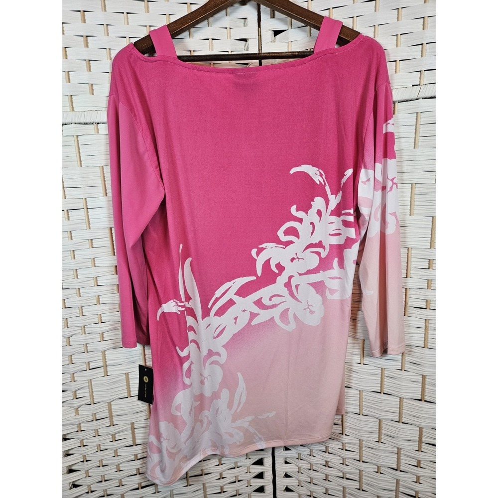 JM Collection Top Womens L Asymetric Hem Pink Floral Print Tunic Cold Shoulder - Picture 4 of 9